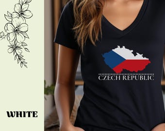 T-shirt met v-hals kaart Tsjechië, dames grafisch T-shirt, Europees reisshirt, vakantietop Praag, leuk Europees shirt, leuk reisshirt