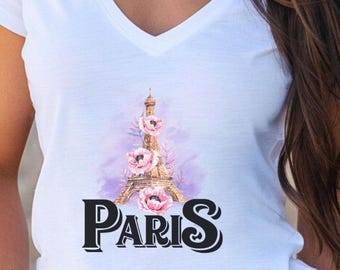 Parijs Eiffeltoren dames T-shirt met v-hals en roze roos, damesmode T-shirt, Frans reisshirt, top met romantische bloemen, vakantiekleding