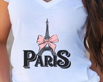 Bow Paris Eiffeltoren dames T-shirt met V-hals en roze roos, damesmode T-shirt, Frans reisshirt, top met romantische bloemen, vakantiekleding