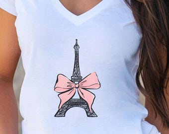 Bow and Paris Eiffeltoren damesshirt met V-hals en roze roos, damesmode T-shirt, Frans reisshirt, top met romantische bloemen, vakantiemode