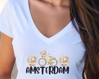Amsterdam bloemenfiets T-shirt met V-hals - reis-T-shirt dames