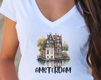 Canal Lake House Amsterdam T-shirt met v-hals, reisshirt dames, lente-zomeroutfits, cadeau voor reizigers, shirt reisliefhebber, Europese reiziger
