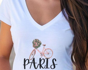 T-shirt met V-hals dames, roze roos, damesmode T-shirt, Frans reisshirt, top met romantische bloemen, vakantiekleding