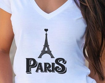 T-shirt met V-hals Parijs Eiffeltoren: Franse romantische bloementop