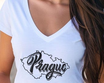 T-shirt Praag, Tsjechische Republiek kaart v-hals, grafisch T-shirt dames, Europees reisshirt, vakantietop Praag, kleding bohoretraite
