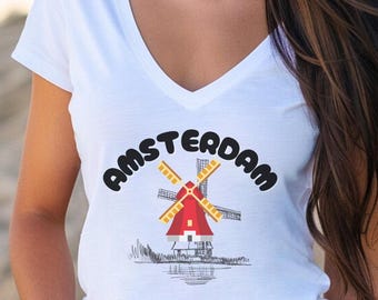Dames T-shirt windmolen, Amsterdam souvenirshirt, T-shirt Nederlandse windmolen, Nederland reiscadeau, top met V-hals voor vrouwen
