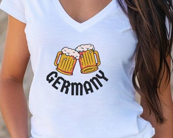 Duitsland bezoekers grappig dames T-shirt met V-hals, reizigers biermok cadeau top, Oktoberfest-T-shirt, Duitse vakantiekleding, shirt Europese reis
