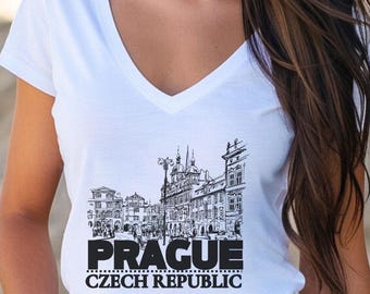 T-shirt met V-hals Praag: vintage architectuurreisshirt