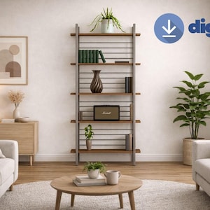 Può includere: Una scena di soggiorno moderno con una libreria in legno e metallo piena di libri, un vaso e un altoparlante. La stanza comprende un tavolino rotondo, due divani, una lampada e un'opera d'arte incorniciata. L'immagine ha il testo "digital product".