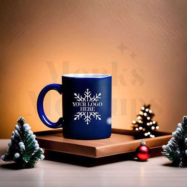 Dark Blue Coffee Mug Mockup Christmas Background, Blank Coffee Mug Christmas Lights Mock Up, Holiday Scene Product Mockups