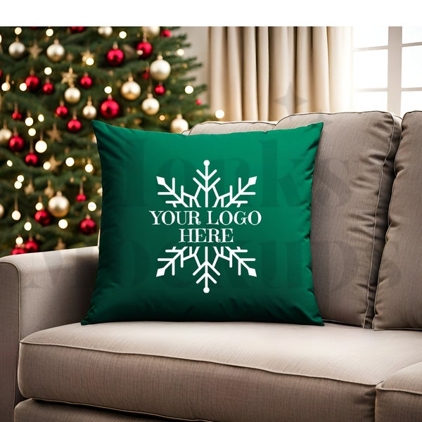 Green Couch Throw Pillow Christmas Theme Background Mockup, Blank Pillow Decor Mock Up, Holiday Scene Product Mockups