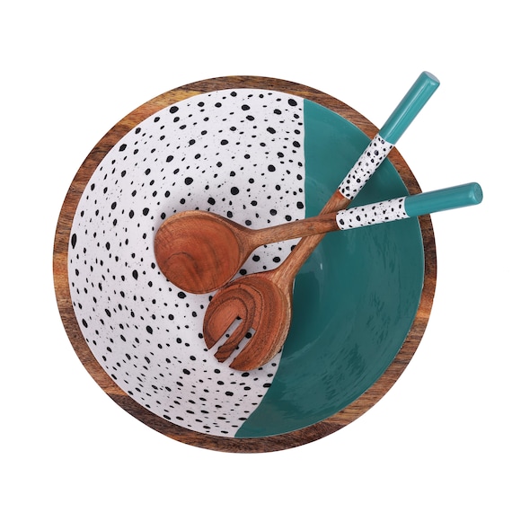 Extra Large Wooden Salad Bowl Set with Fork and Spoon - 12 Inch Bowl  - Handcrafted Premium Mango Wood with Enamel Finish. (Dot and Teal)