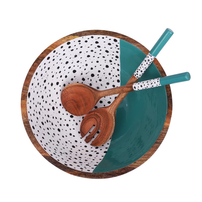 Extra Large Wooden Salad Bowl Set with Fork and Spoon - 12 Inch Bowl - Handcrafted Premium Mango Wood with Enamel Finish. (Dot and Teal) bild 1