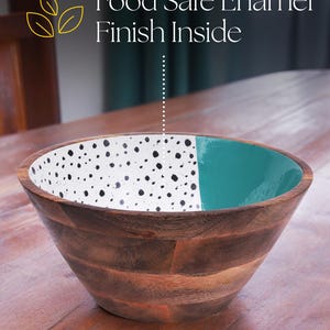 Extra Large Wooden Salad Bowl Set with Fork and Spoon - 12 Inch Bowl - Handcrafted Premium Mango Wood with Enamel Finish. (Dot and Teal) bild 3