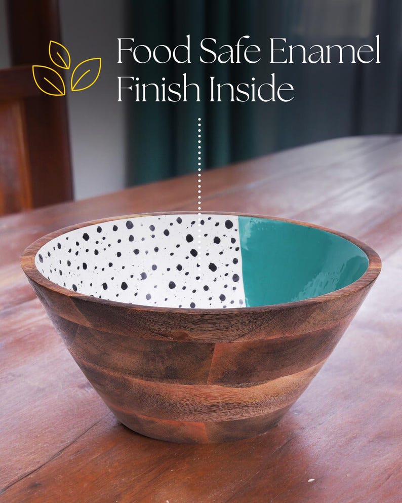 Extra Large Wooden Salad Bowl Set with Fork and Spoon - 12 Inch Bowl - Handcrafted Premium Mango Wood with Enamel Finish. (Dot and Teal) bild 3
