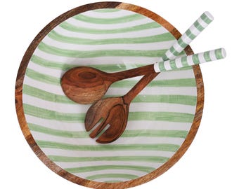 Extra Large Wooden Salad Bowl Set with Fork and Spoon - 12 Inch Bowl  - Handcrafted Premium Mango Wood with Enamel Finish. (Green Stripe)