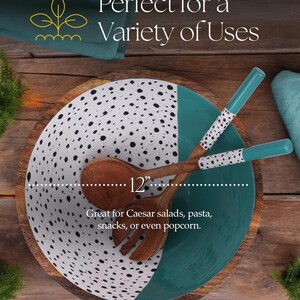 Extra Large Wooden Salad Bowl Set with Fork and Spoon - 12 Inch Bowl - Handcrafted Premium Mango Wood with Enamel Finish. (Dot and Teal) bild 2