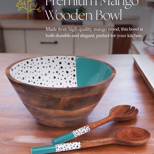 Extra Large Wooden Salad Bowl Set with Fork and Spoon - 12 Inch Bowl - Handcrafted Premium Mango Wood with Enamel Finish. (Dot and Teal) bild 5