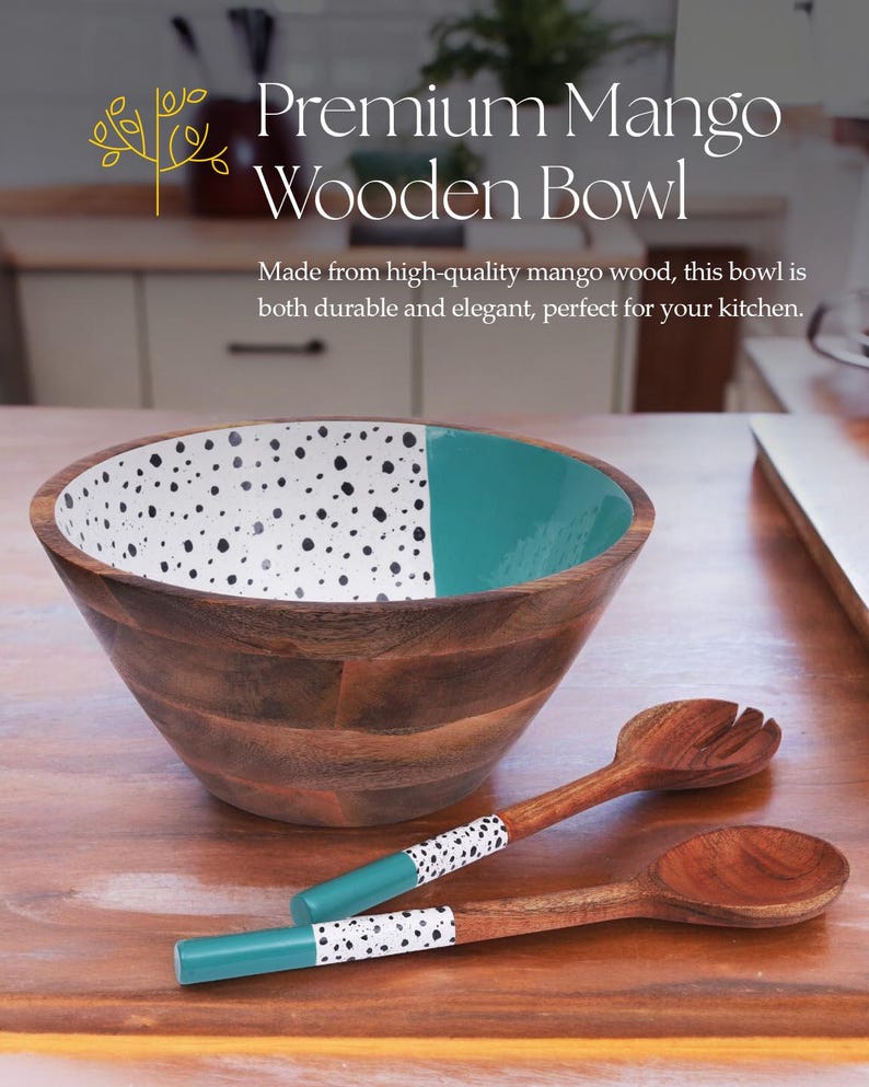 Extra Large Wooden Salad Bowl Set with Fork and Spoon - 12 Inch Bowl - Handcrafted Premium Mango Wood with Enamel Finish. (Dot and Teal) bild 5