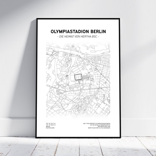 Olympiastadion Berlijn – Hertha BSC stadsplattegrond | Poster/digitaal downloaden | Stadionkaart | Berlijnse kaart voor fans | Reese, Tabakovic, Jindaui