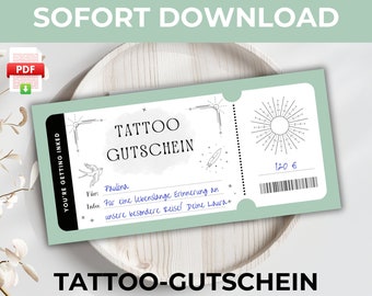 Tattoo Gutschein Druckvorlage |  Fine Art Tattoo Geschenk Ticket Geschenkgutschein | Digitaler Download PDF ausdrucken | Tönne