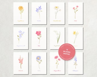 Postkarten Blumen Aquarell Pastell 12er-Set | Kartenset Blumenwiese, Umschläge, Struktur A6, Florale Motive, Glückwunschkarten | Tönne