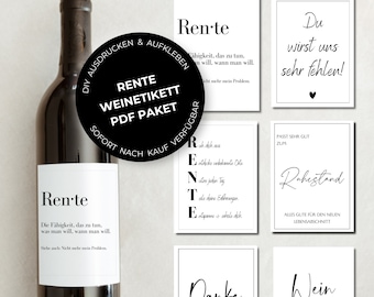 Paket Weinetiketten RENTE Renteneintritt Geschenk Abschied Kollegen Frau Mann | Persönlich Kreativ Wein Etikett | DOWNLOAD | DIY | Tönne