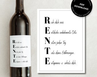 Weinetikett RENTE Renteneintritt Wünsche Geschenk Abschied Kollegen Frau Mann | Persönlich Kreativ Wein Etikett | DOWNLOAD | DIY | Tönne