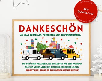 Dankeschön Schild Paketbote Postbote Zusteller Lieferanten Lieferfahrer Briefträger | Weihnachten Danke Vorlage Digitaler Download | Tönne