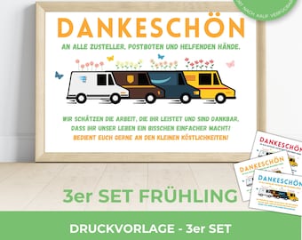 Dankeschön Schild Paketbote Postbote Zusteller Lieferanten Lieferfahrer Briefträger | 3er Set Frühling Danke Vorlage Download | Tönne