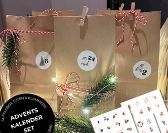 ADVENTSKALENDER Aufkleber mit 24 Tüten und Klammern | zum selbst befüllen & basteln DIY | Kraftpapier Sticker Zahlen Nummern schwarz | Tönne