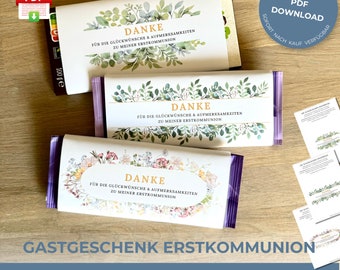 Dankeschön Schokolade Erstkommunion Druckvorlage | Danke Gastgeschenke Kommunion | Schokoladenbanderolen zum Ausdrucken | Download | Tönne