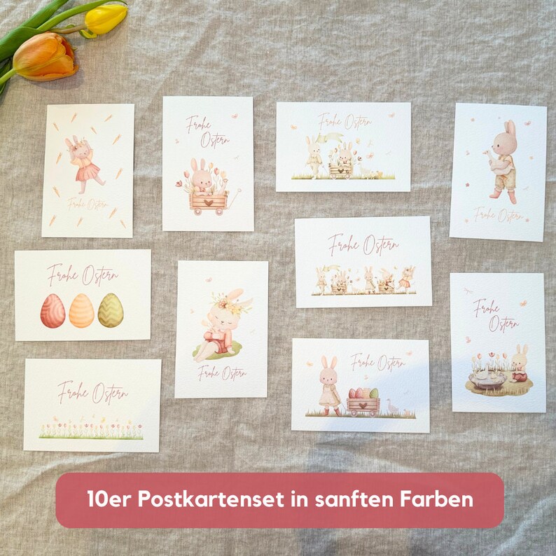 Osterkarten Aquarell Pastell 10er-Set Postkarten Frohe Ostern mit Hase, Osterkarte Umschläge, Struktur A6, Tönne Bild 5
