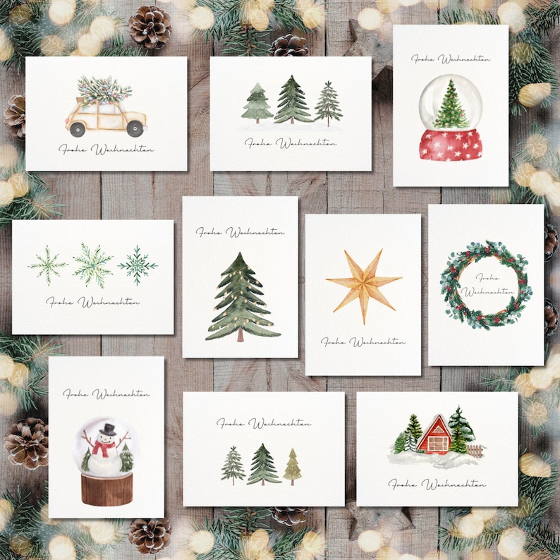 Weihnachtskarten Aquarell Boho Skandi 10er-Set Kartenset Weihnachten, Umschläge, Struktur A6, Weihnachts-Motive, Weihnachtspost Tönne Bild 1