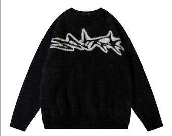 Weicher Y2K Strickwaren-Pullover mit Glyph, Hairy Texture Pullover, Pullover Pullover, Fuzzy Pullover, Rundhals-Pullover, Y2K Streetwear