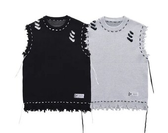 Grunge Sweater Vest, Ripped Sweater Vest, Stitched Vest, Pullover Vest, Grunge Streetwear, Alt Clothing, Sleeveless Sweater