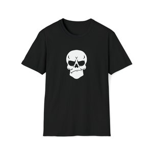 May include: Black t-shirt with a white skull graphic. The skull has a frowning expression.