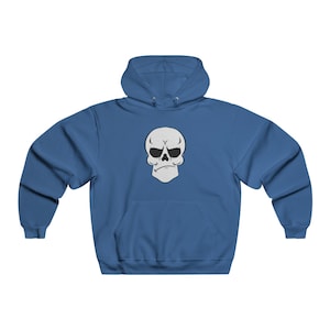 May include: A blue hooded sweatshirt with a white skull graphic. The skull has black eyes and a frown.