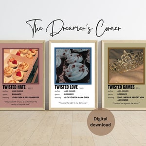 Puede incluir: Tres p&oacute;sters imprimibles con un dise&ntilde;o minimalista que presentan un cupcake, una corona y un cupcake con relleno de terciopelo rojo. Los p&oacute;sters se titulan "Twisted Hate", "Twisted Love" y "Twisted Games". Cada p&oacute;ster incluye el autor, el g&eacute;nero y los actores principales. Los p&oacute;sters est&aacute;n en una gama de colores rosa claro, azul y beige.