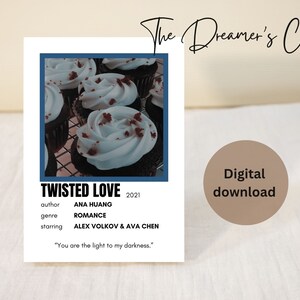 Puede incluir: Una maqueta de portada de libro descargable digitalmente con una foto de cupcakes de terciopelo rojo con glaseado blanco. El t&iacute;tulo del libro es "Twisted Love" con el autor, el g&eacute;nero y los actores principales que aparecen debajo. El texto "The Dreamer's Corner" est&aacute; en la parte superior de la imagen y "Descarga digital" est&aacute; en la parte inferior.