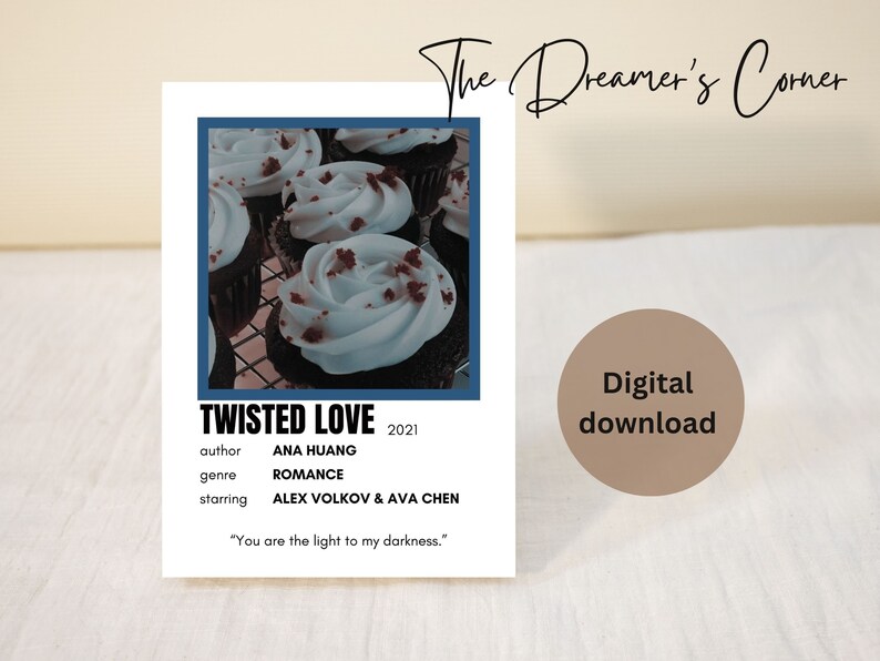 Puede incluir: Una maqueta de portada de libro descargable digitalmente con una foto de cupcakes de terciopelo rojo con glaseado blanco. El t&iacute;tulo del libro es "Twisted Love" con el autor, el g&eacute;nero y los actores principales que aparecen debajo. El texto "The Dreamer's Corner" est&aacute; en la parte superior de la imagen y "Descarga digital" est&aacute; en la parte inferior.