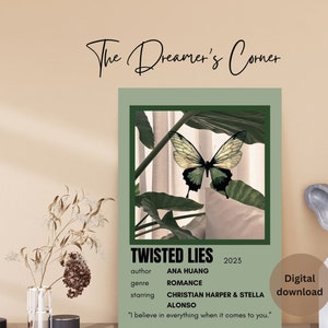 Puede incluir: Una portada de libro verde y blanca con una ilustraci&oacute;n de mariposa. El t&iacute;tulo es "Twisted Lies" con la autora "Ana Huang" y el g&eacute;nero "Romance". El texto "2023" est&aacute; en la esquina superior derecha. El texto "Descarga digital" est&aacute; en la esquina inferior derecha.