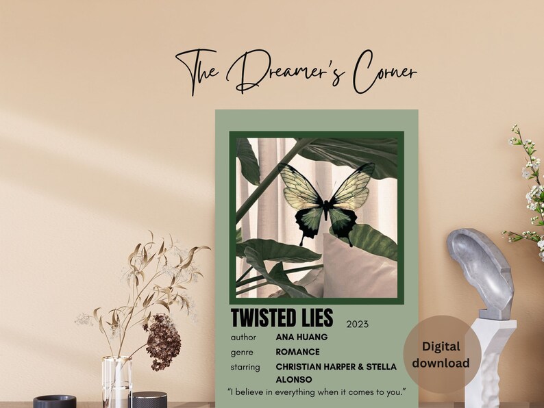 Puede incluir: Una portada de libro verde y blanca con una ilustraci&oacute;n de mariposa. El t&iacute;tulo es "Twisted Lies" con la autora "Ana Huang" y el g&eacute;nero "Romance". El texto "2023" est&aacute; en la esquina superior derecha. El texto "Descarga digital" est&aacute; en la esquina inferior derecha.