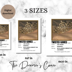 Puede incluir: Tres p&oacute;sters digitales imprimibles para el libro "Twisted Games" de Ana Huang. Los p&oacute;sters presentan una corona dorada sobre un fondo beige. Los p&oacute;sters est&aacute;n disponibles en tres tama&ntilde;os: 10,2 x 15,2 cm, 12,7 x 17,8 cm y 20,3 x 25,4 cm.