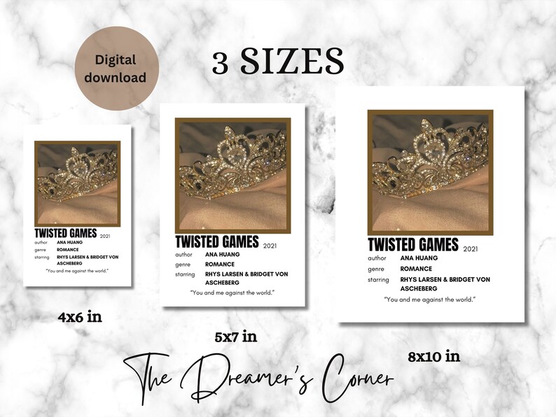 Puede incluir: Tres p&oacute;sters digitales imprimibles para el libro "Twisted Games" de Ana Huang. Los p&oacute;sters presentan una corona dorada sobre un fondo beige. Los p&oacute;sters est&aacute;n disponibles en tres tama&ntilde;os: 10,2 x 15,2 cm, 12,7 x 17,8 cm y 20,3 x 25,4 cm.