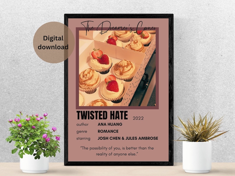 Puede incluir: Un p&oacute;ster rosa y negro con el t&iacute;tulo "Twisted Hate" en texto blanco. El p&oacute;ster presenta una foto de una caja de cupcakes con glaseado blanco y fresas rojas. El texto "The Dreamer's Corner" est&aacute; en la parte superior del p&oacute;ster. El p&oacute;ster tambi&eacute;n incluye el autor, el g&eacute;nero, el a&ntilde;o y los actores principales.