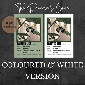 Puede incluir: Un p&oacute;ster de descarga digital con un esquema de color verde y blanco. El p&oacute;ster presenta una mariposa con un fondo blanco y el texto "Twisted Lies" con detalles sobre el autor, el g&eacute;nero y los actores principales. El texto "Coloured & White Version" est&aacute; en la parte inferior del p&oacute;ster.