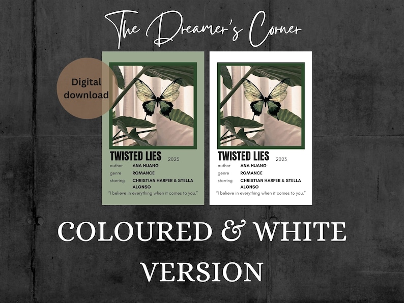 Puede incluir: Un p&oacute;ster de descarga digital con un esquema de color verde y blanco. El p&oacute;ster presenta una mariposa con un fondo blanco y el texto "Twisted Lies" con detalles sobre el autor, el g&eacute;nero y los actores principales. El texto "Coloured & White Version" est&aacute; en la parte inferior del p&oacute;ster.