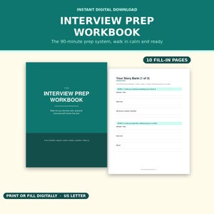 Könnte beinhalten: Ein digitales Interview-Vorbereitungs-Arbeitsbuch mit einem dunkel-türkisfarbenen Einband, weißem Text mit der Aufschrift The Interview Prep Workbook und einer weißen Innenseite mit dem Titel Your Story Bank mit ausfüllbaren Abschnitten.