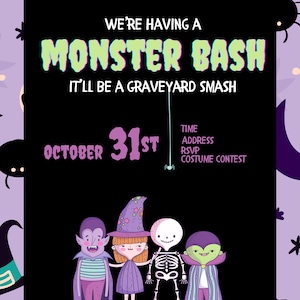Monster Bash, Halloween Party Invitation, Kids Halloween Party, Costume Party, Halloween, Monster Mash, Kids Party Invitation